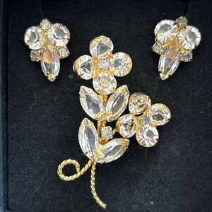 Vintage Brooch & Clip Earrings Demi-Parure Set Clear & Gray Open Back Unsigned